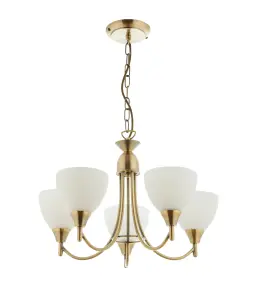 Anson Lighting Royal 5lt Pendant light finished in Antique brass plate and matt opal glass