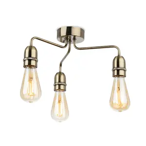 Luminosa Leon Industrial 3 Light Flush Ceiling Fitting Antique Brass