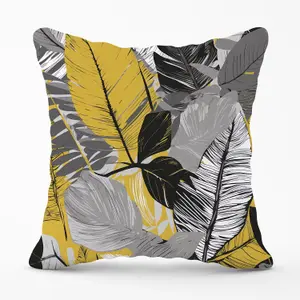 Grey Yellow Floral Leaves Outdoor Cushion 45cm x 45cm