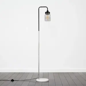 ValueLights Retro Style Black/Chrome Metal & White Marble Base Floor Lamp With Clear Glass Ribbed Pattern Design Jar Shade