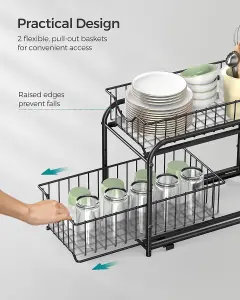 Cupboard Organiser, 2-Tier Under Sink Storage Organiser with Sliding Basket Drawers, Stackable Cabinet Organiser for Kitchen, Bat