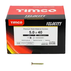 Timco - Velocity Premium Multi-Use Screws - PZ - Double Countersunk - Yellow (Size 5.0 x 40 - 1000 Pieces)