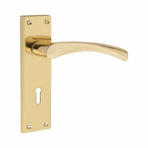 Victorian Scroll Astrid Handle Gold Polished Brass Lever Lock Door Handles with 64mm 3 Lever Lock Set 150mm x 40mm Backplate