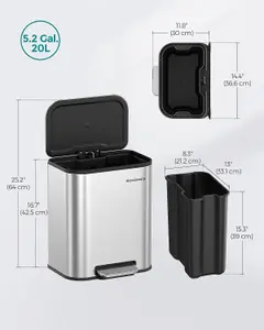 SONGMICS Stainless Steel Pedal Trash Bin, Soft-Close Lid, Keeps Open, Inner Bucket Feature, Wide Anti-Slip Pedal, Metallic Silver