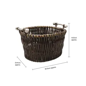 JVL Vertical Weave Oval Log Basket with Metal Handles, Brown, Medium