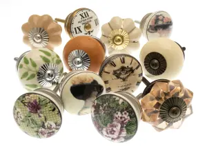 MangoTreeKnobs - Door Knobs Hand Painted Ceramic with Clocks, Butterfly, Flowers and Brass Fretwork Set of 12