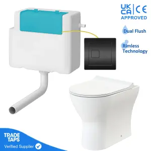 Rimless Back to Wall Toilet BTW Pan Soft Close WC Concealed Cistern Flush - Black Square