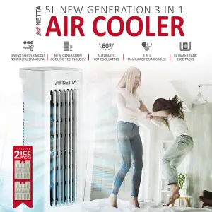 NETTA 5L 3 In 1 Air Cooler - Tower Fan - Humidifier with Remote, 7 Hour Timer