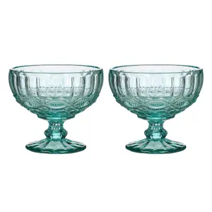 Set of 2 Vintage Turquoise Blue Glass Trifle Bowl and Dessert Bowls