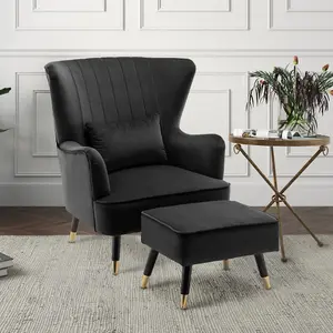 Velvet Black Camila Accent Wingback Chair with Footstool