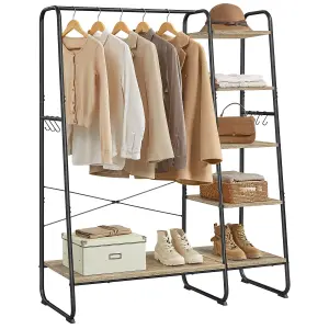 VASAGLE Clothes Rail, Clothes Rack with Shoe Shelf, 5-Tier Storage Rack, 6 Side Hooks, Turquoise Brown and Matte Black