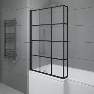 SunDaze 6mm Toughened Safety Glass L Shaped Black Grid Shower Bath Screen Fixed Return