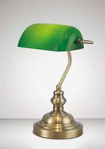 Deco Morgan Bankers Lamp Table Desk Lamp Antique Brass Green Glass Shade