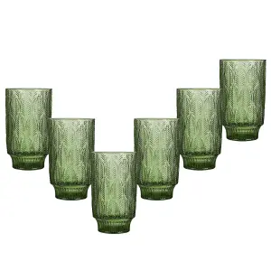 Set of 6 Vintage Luxury Green Trailing Leaf Drinking Tall Tumbler Glasses 450ml