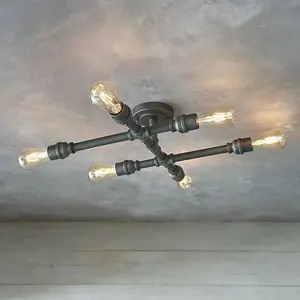 Semi Flush Ceiling Lamp Aged Pewter 6x Bulb Multi Light Industrial Exposed Pipe