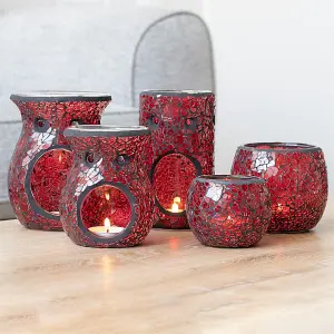 Red Glass Pillar Shaped Oil, Wax Melt Burner. Mirrored Crackle Effect. H14.5 cm