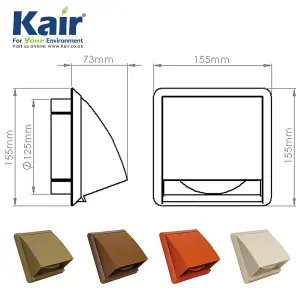 Kair Brown Cowled Outlet Grille 155mm External Dimension Wall Vent With 125mm - 5 inch Round Rear Spigot and Backdraught Shutter