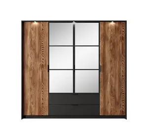 Milton Contemporary 4 Mirrored Hinged Door Wardrobe 9 Shelves 2 Drawers 1 Rail Chestnut Wood Effect (H)2020mm (W)2000mm (D)570mm