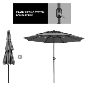 Yaheetech Grey 3.2m 3 Tier Tiltable Patio Parasol Vented Table Umbrella with Crank