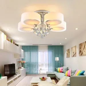 5 Head Modern Round Acrylic LED Ceiling Light Color Changing Chandelier with Crystal Accent