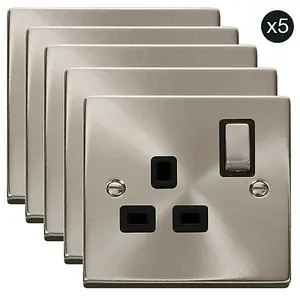 5 PACK - Satin / Brushed Chrome 1 Gang 13A DP Ingot Switched Plug Socket - Black Trim - SE Home