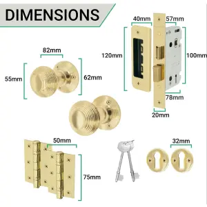 EAI Brass Door Knobs Reeded Beehive Design Lock Kit 80mm Sashlock 76mm Hinges 2 escutcheons 55mm Sprung Knobs