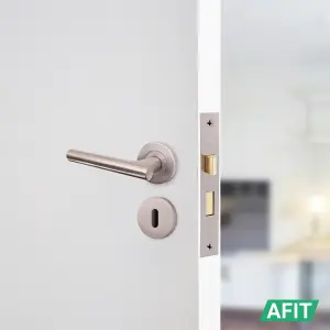 AFIT Door Handles Satin Nickel Key Lock Set Round T-Bar, Sash Lock, Hinges (76mm) & 2 Escutcheons Olvera