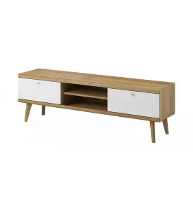  Elegant Primo Large TV Cabinet H500mm W1600mm D400mm in White and Oak Riviera - Spacious Entertainment Storage