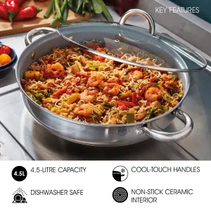 Cooks Professional 30cm Saute Cooking Pan with Lid Ceramic Non-Stick All Hobs Stainless