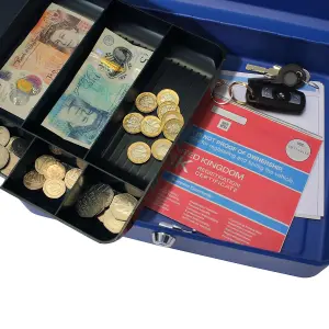 Lockable 12" Steel Cash Box - Money Organiser Safe with Note & Coin Tray, Cylinder Lock & Carry Handle - H9 x W30 x D24cm, Blue