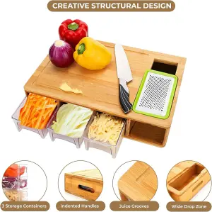 MantraRaj Bamboo Chopping Board with Containers 4 Storage Drawer Trays with lids and 4 Style of Graters Cutting Board