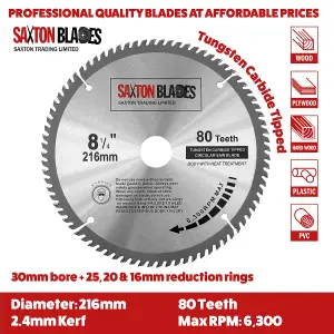 Saxton TCT216MXA Saxton TCT Circular Wood Saw Blade 216mm 80 and 40 Teeth x 30mm Bore + 16, 20 and 25mm Rings Pack of 2