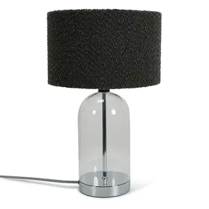 ValueLights Jessy Glass and Silver Chrome Metal Bedside Table Lamp with a Charcoal Grey Boucle Lampshade