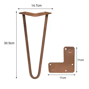 4 x 12" Hairpin Legs - 2 Prong - 12mm - Antique Copper