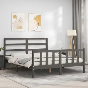 Berkfield Bed Frame with Headboard Grey King Size Solid Wood