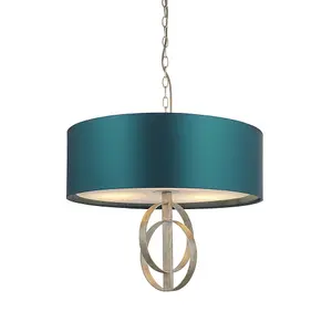 Luminosa Trento 3 Light Ceiling Pendant Antique Silver Leaf & Teal Satin Fabric