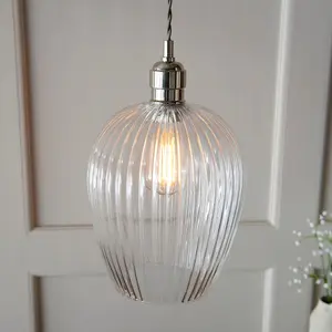 Luminosa Livorno Dome Pendant Ceiling Light Bright Nickel Plate, Clear Ribbed Glass