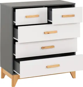 Cleveland 3+2 Drawer Chest in White and Pine with Grey Metal Effect