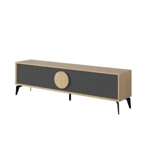 Decortie Gora Modern TV Unit Oak, Silky Grey Black 180(W)cm with 4 Doors Storage TV Cabinet Entertainment Metal Legs