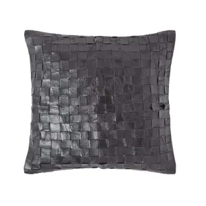 Homescapes Black Real Leather Basketweave Check Suede Cushion with Feather Filling