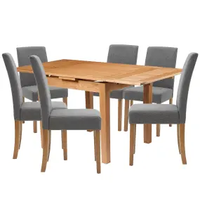 Hallowood Furniture Waverly Oak Small Extending Table with 6 Upholstered Straight Back Grey Chair with Oak Legs