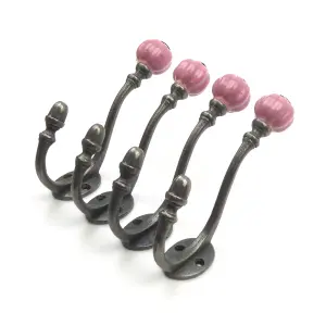 Oakcrafts - Ceramic Tipped Shabby Chic Cast Iron Coat Hook 125mm (Pink) - Pack of 4 Hooks