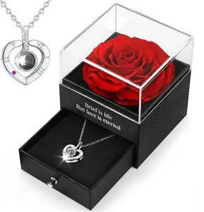 Preserved Real Rose, Gift Box With I Love You Necklace, Handmade Eternal Rose Gifts For Her Women Girlfriend Wife Mother Present For Birthday,