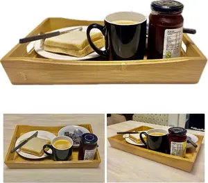 Almineez Bamboo Serving Tray with Handles Rectangular Wooden Breakfast Tray