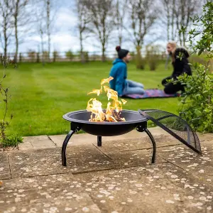 Portable Fire Pit Bowl - Foldable Black Metal Outdoor Garden Log Wood Charcoal Burner with BBQ Grill & Storage Bag - H41 x 54cm