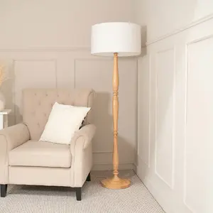 ValueLights Victoria Traditional Light Wood Candlestick Floor Lamp with White Drum Shade