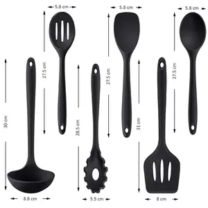 6PCS Kitchen Utensils Set, Non-Stick Silicone Cooking Tools With Soup Ladle, Slotted Spoon, Pasta Fork, For Frying, Serving, Baking(Black)