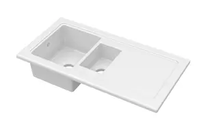 101cm Inset Counter Top 1.5 Bowl Fireclay Ceramic Kitchen Sink with Plain Drainer - White