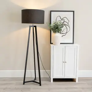 ValueLights Lottie Black Wood Tripod Floor Lamp with Charcoal Grey Drum Shade