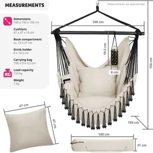 Hanging Chair Malika, Boho Style, Load Capacity 150kg - beige